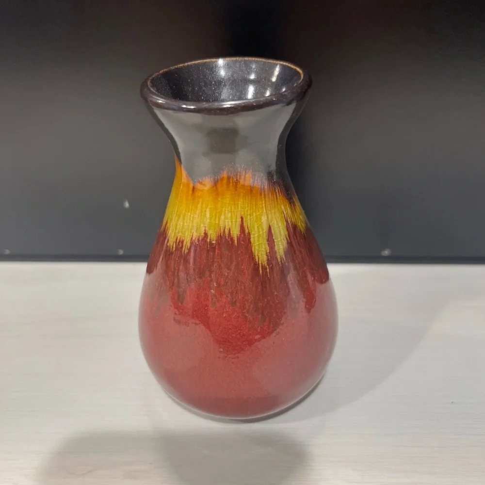 Art Pottery Drip Glaze Vases Burgundy Brown Green Gold Both Approx 4.5”‎ Height